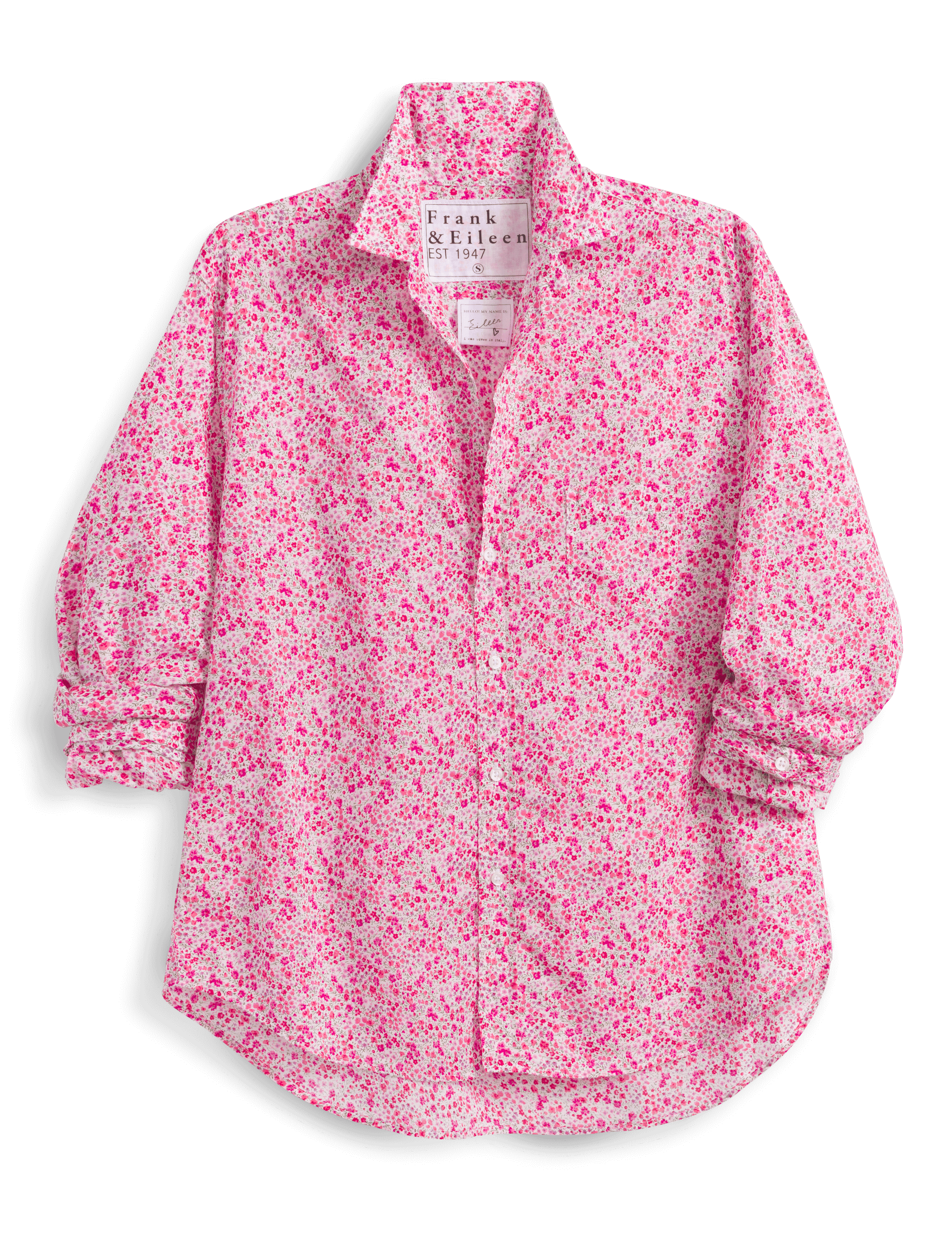 Pink floral shirt with brand label on a black background