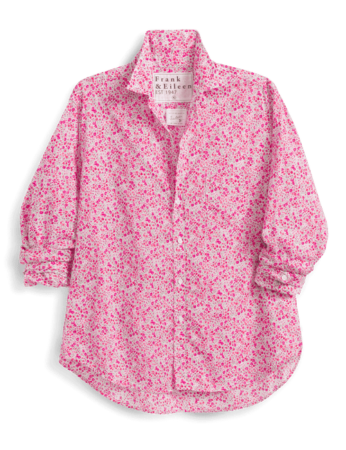 Pink floral shirt with brand label on a black background, view 5