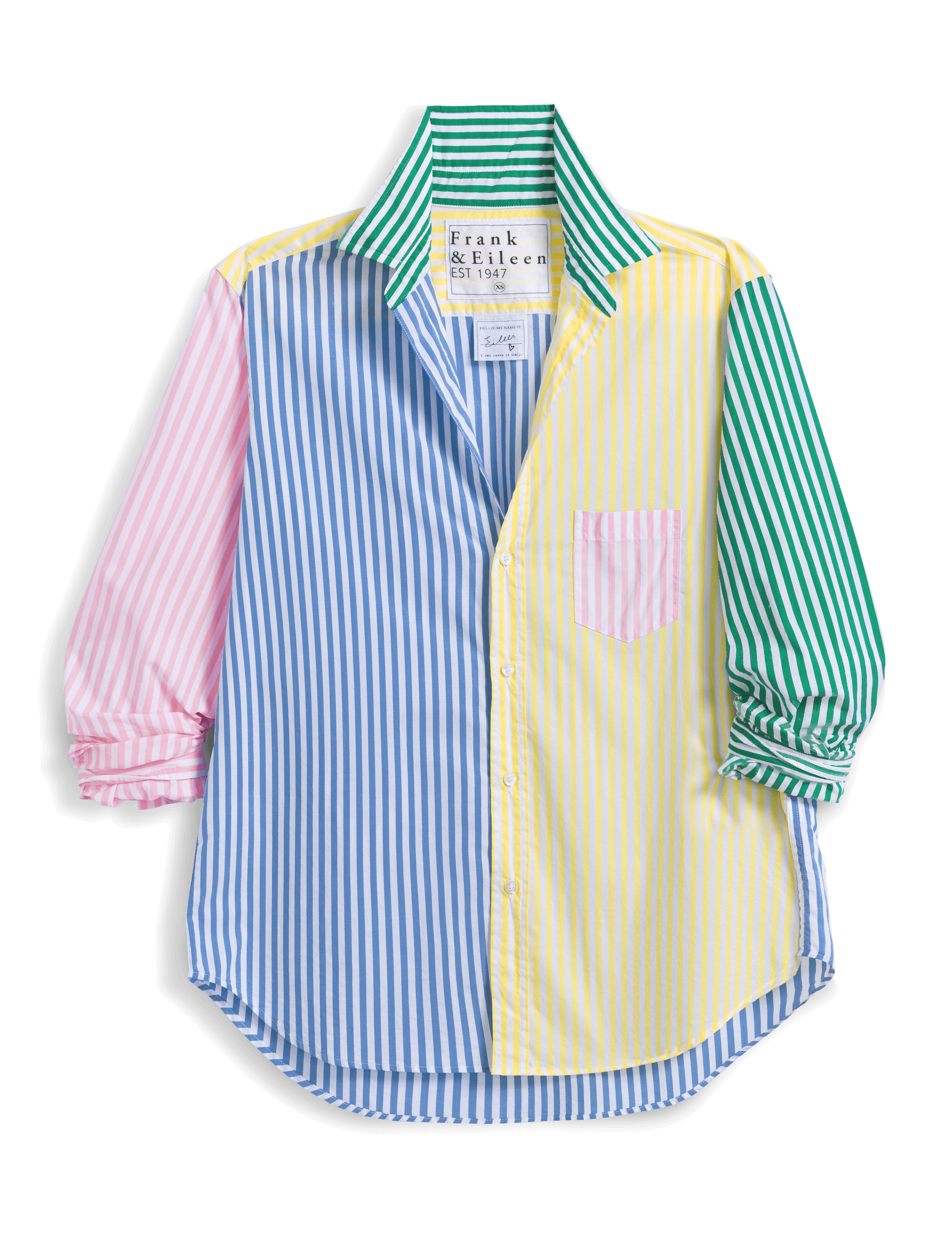 Color-blocked shirt with blue, pink, and green stripes on a white background, view 4