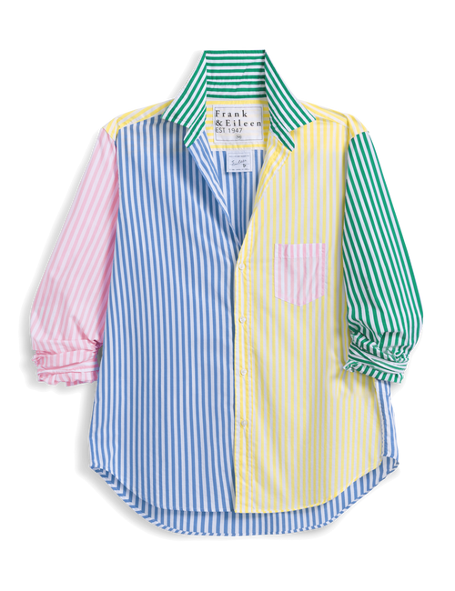 Color-blocked shirt with blue, pink, and green stripes on a white background, view 4