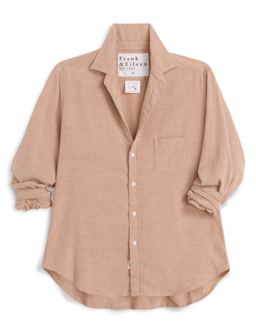 A light orange long-sleeve button-up shirt by Frank & Eileen, featuring a chest pocket and rolled cuffs, displayed flat against a white background., view 5