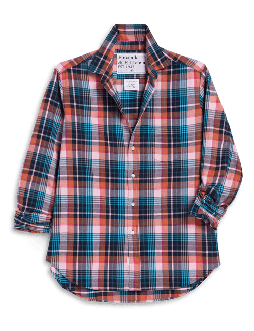 A long-sleeve plaid button-up shirt by Frank & Eileen, featuring a pattern of coral pink, teal blue, and white over a dark base, laid flat against a white background., view 5