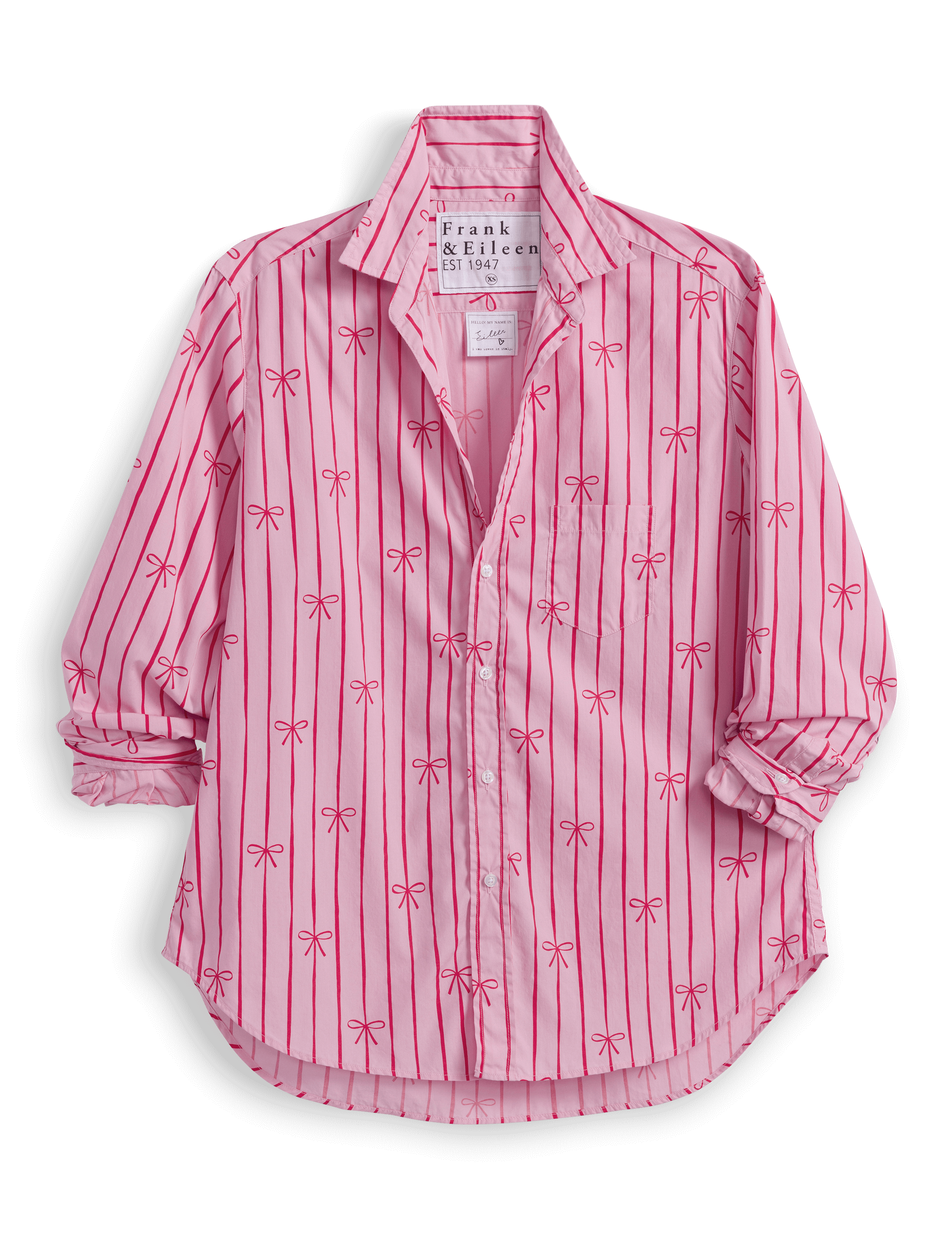 Pink striped shirt with bow pattern on a white background