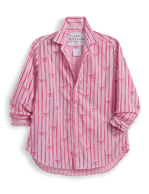 Pink striped shirt with bow pattern on a white background, view 4