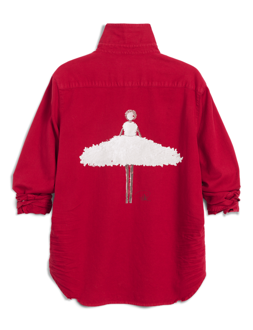 A red long-sleeve button-up shirt shown from the back, featuring a graphic illustration of a ballerina in a white tutu on the center back., view 5
