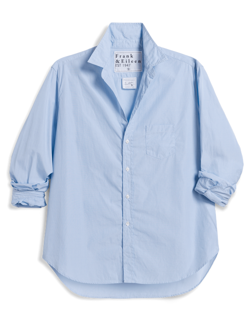 A light blue long-sleeve button-up shirt by Frank & Eileen, featuring a pointed collar, chest pocket, and rolled cuffs, displayed flat against a white background., view 4