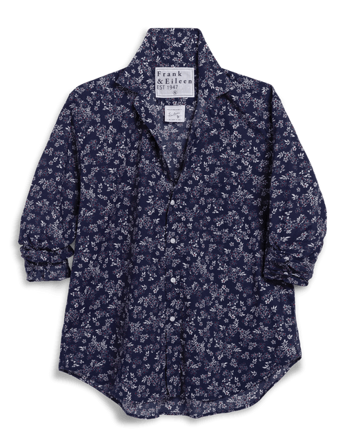 Navy floral patterned shirt on a transparent background, front view