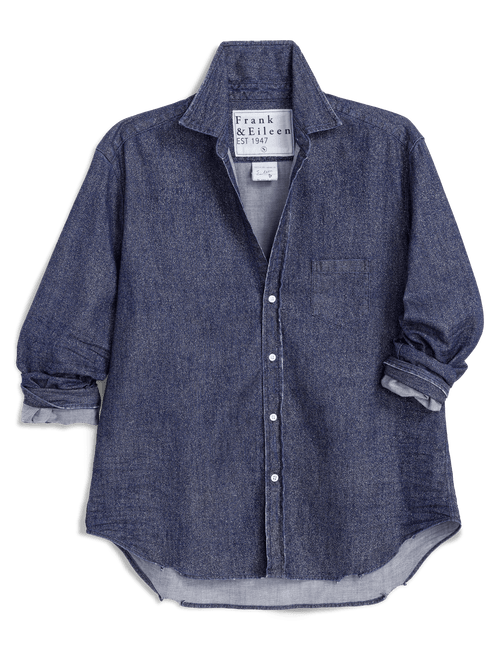A long-sleeve button-up shirt in blue glitter chambray fabric by Frank & Eileen, featuring a pointed collar, white buttons, and rolled cuffs, displayed flat against a white background., view 6