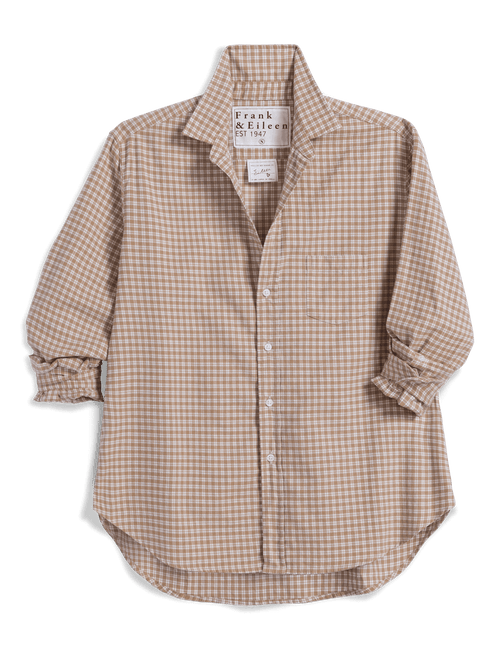 A long-sleeve button-up shirt by Frank & Eileen, featuring a beige and white gingham check pattern, laid flat on a white background., view 5