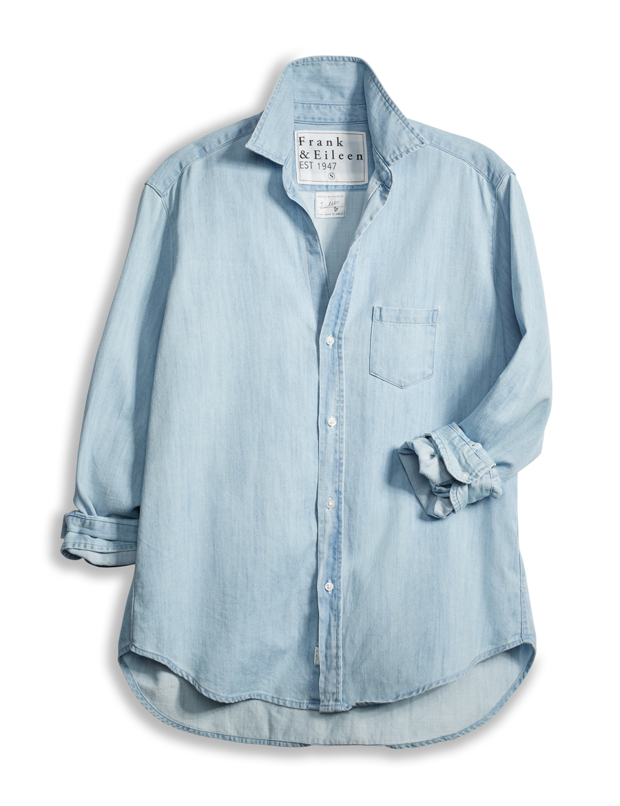 Flat front shot of Classic Blue Frank & Eileen Eileen Relaxed Button-Up Shirt in Famous Denim