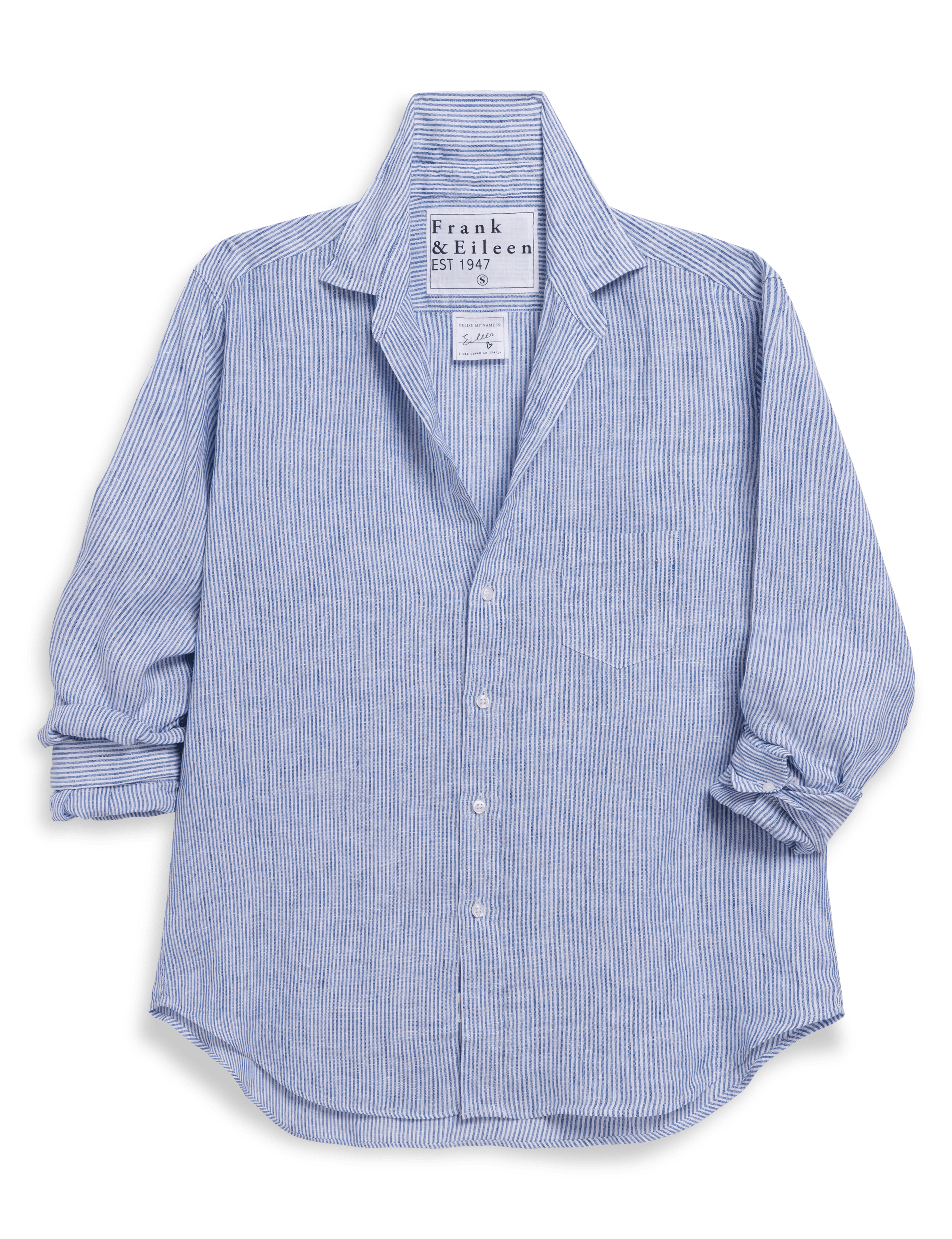 Blue striped shirt with a brand label on a transparent background, view 4