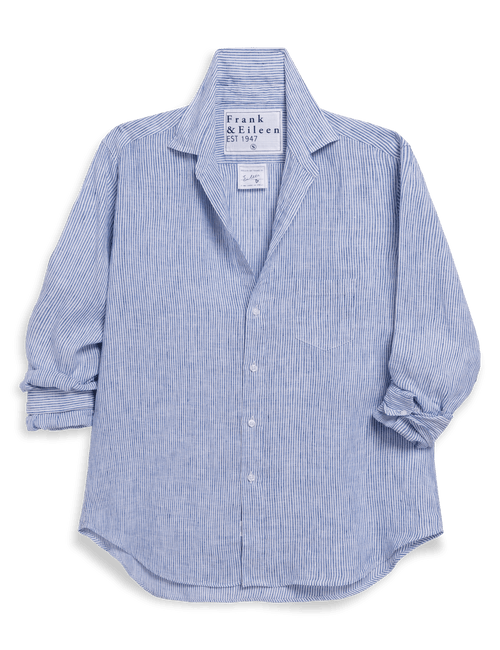 Blue striped shirt with a brand label on a transparent background, view 4