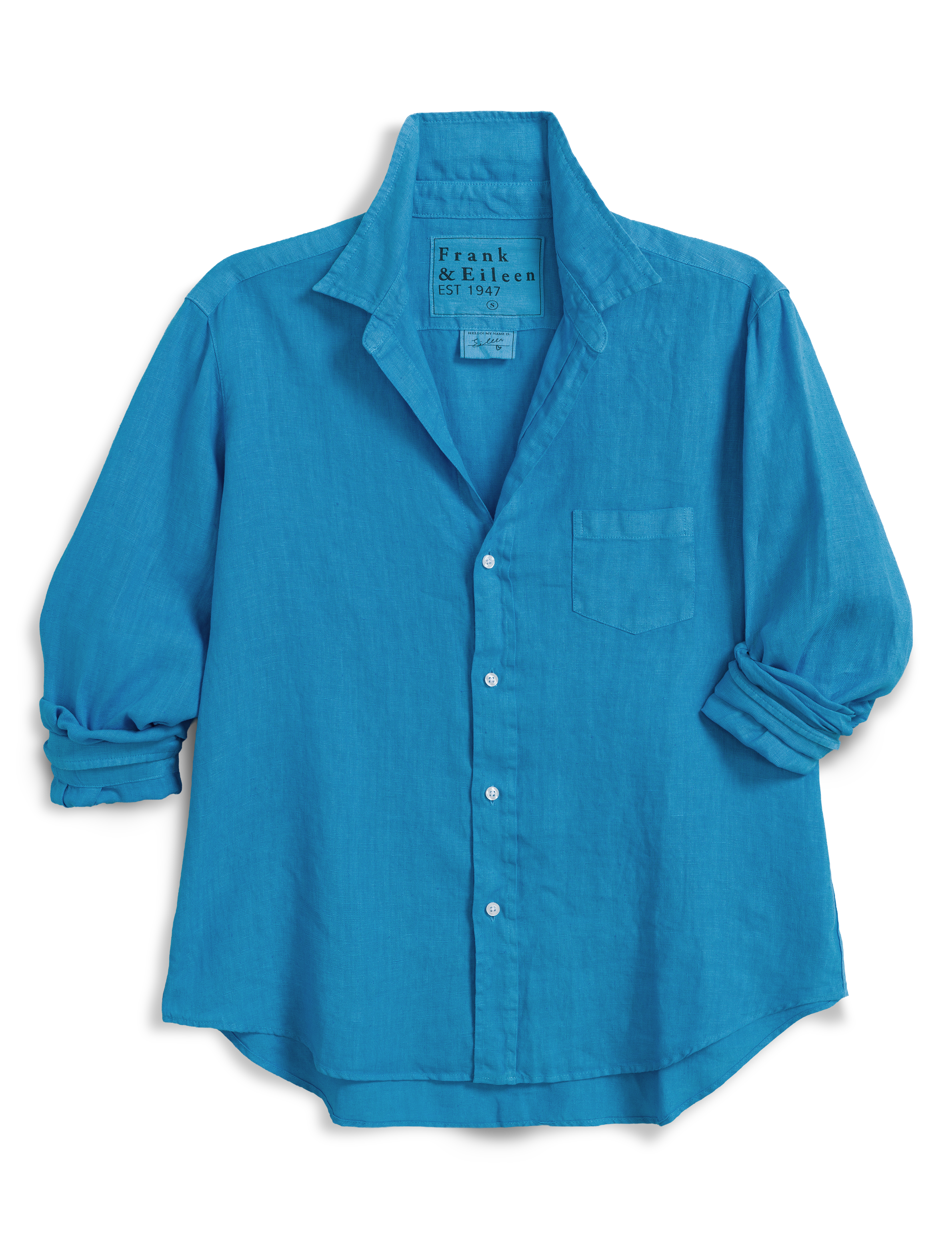 Blue button-up shirt with rolled-up sleeves on a transparent background, view 4
