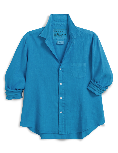 Blue button-up shirt with rolled-up sleeves on a transparent background, view 4