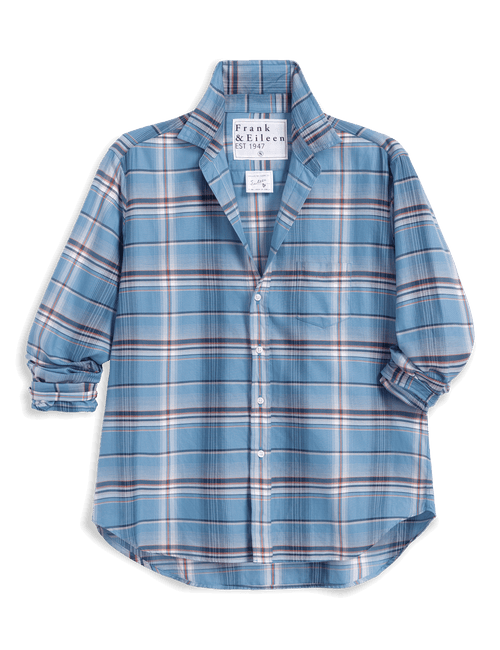A light blue plaid button-down shirt by Frank & Eileen, featuring a collar, button front, and rolled-up sleeves, displayed against a solid black background., view 4