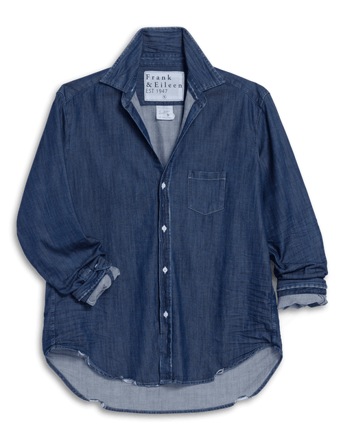 Blue denim shirt with rolled-up sleeves on a transparent background, view 4