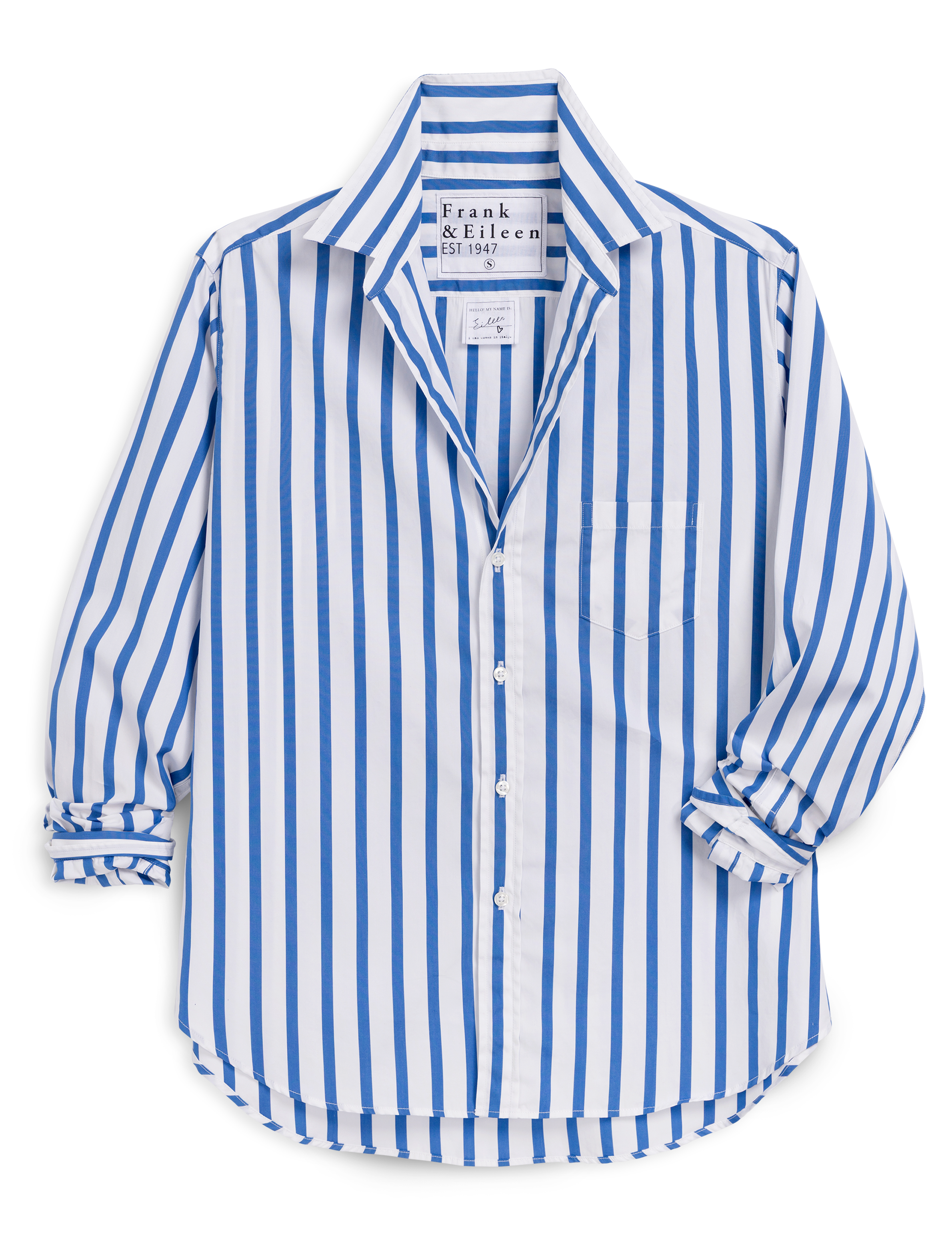 Blue and white striped shirt with 'Frank & Eileen' label on a white background, front view