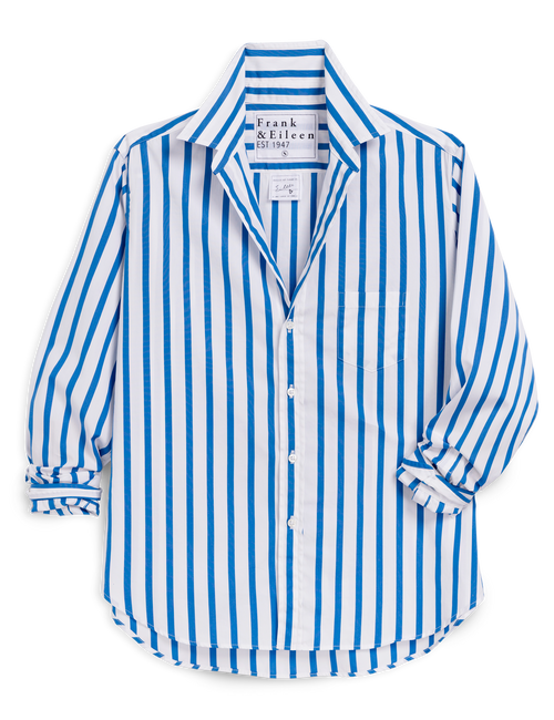 Blue and white striped shirt with 'Frank & Eileen' label on a white background, front view