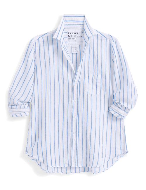 White shirt with blue stripes on a black background, front view