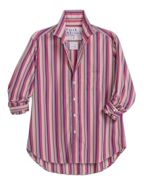 A long-sleeve button-up shirt by Frank & Eileen, featuring vertical stripes in pink, blue, red, and cream. The shirt is displayed flat against a solid white background., front view