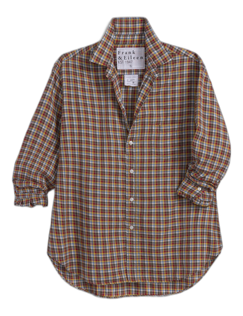 A long-sleeve plaid button-up shirt by Frank & Eileen, featuring a brown, orange, and white checkered pattern, displayed on a clean white background., front view