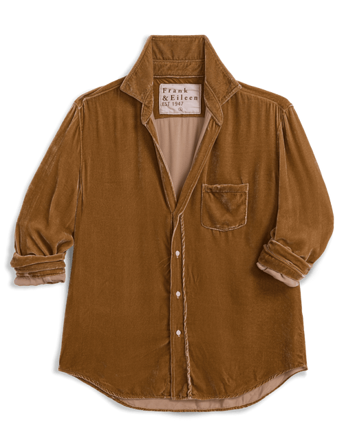 A gold velvet button-up shirt with rolled-up sleeves and a chest pocket, displayed flat against a white background. The brand label 'Frank & Eileen' is visible inside the collar., view 4
