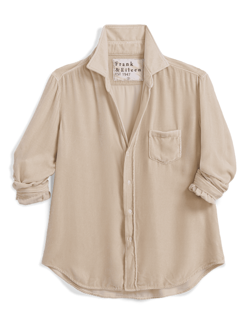 A light beige long-sleeve button-up shirt by Frank & Eileen, featuring a single chest pocket and rolled cuffs, displayed flat against a white background., view 4