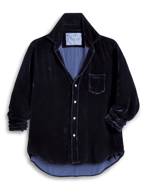 Navy velvet shirt with a brand label on a transparent background, view 4
