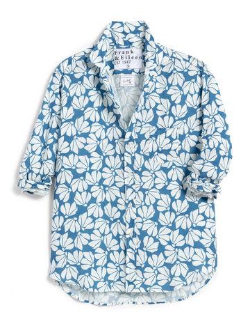 Flat front of Blue Floral Frank & Eileen Eileen Relaxed Button-Up Shirt in Classic Linen