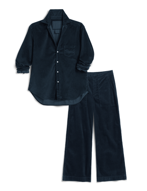 A navy two-piece corduroy set consisting of a long-sleeve button-up shirt and matching wide-leg pants, laid flat on a white background., view 6