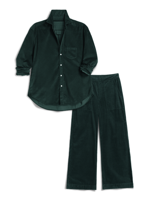 A dark forest green two-piece corduroy set consisting of a long-sleeve button-up shirt and matching wide-leg pants, laid flat on a white background., view 6
