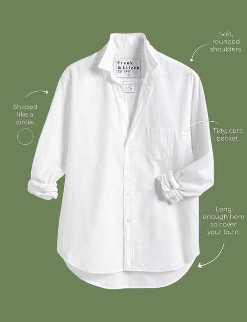 Image of Eileen button-up shirt with arrows pointing at different areas of the shirt to highlight features including soft, rounded shoulders, tidy, cute pocket, shaped like a circle and long enough hem to cover your bum., view 4