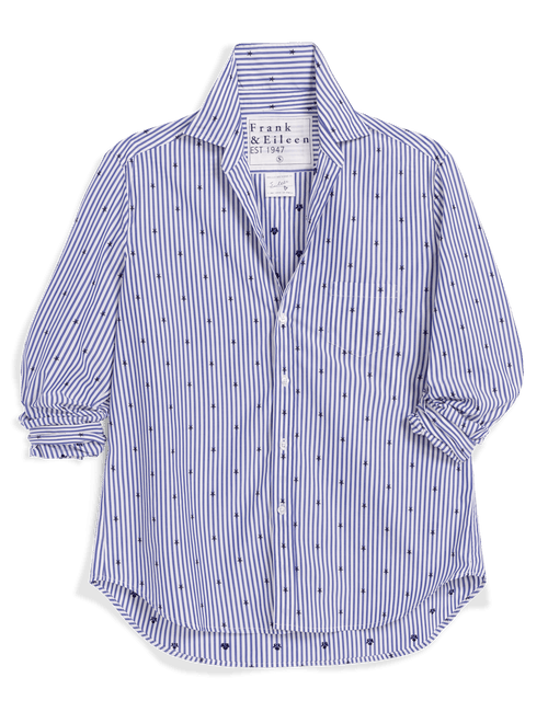 Blue and white striped shirt with a brand label on a black background, view 4