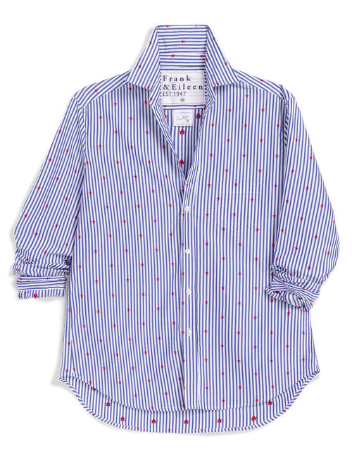 White shirt with blue stripes and red stars on a black background, view 4