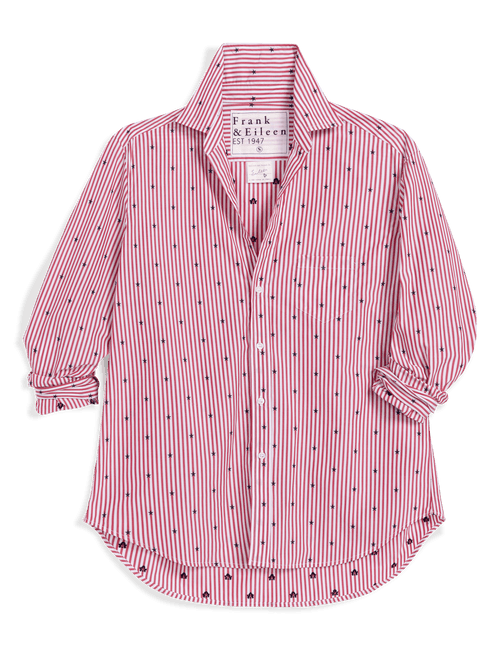 Red striped shirt with brand label on a black background, view 4