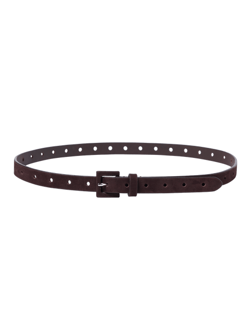 Brown leather belt with a buckle on a black background, front view