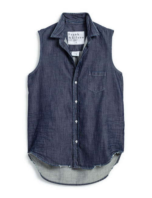 Flat front of Distressed Rinse Frank & Eileen Fiona Sleeveless Button-Up Shirt in Famous Denim, view 4