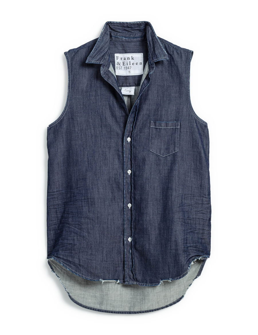 Flat front of Distressed Rinse Frank & Eileen Fiona Sleeveless Button-Up Shirt in Famous Denim