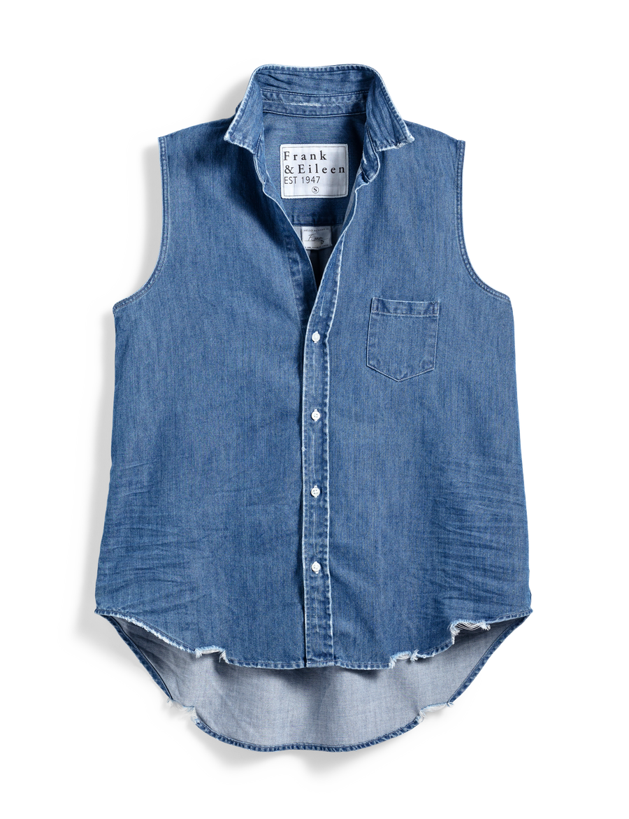 Flat front of Vintage Blue Frank & Eileen Fiona Sleeveless Button-Up Shirt in Famous Denim