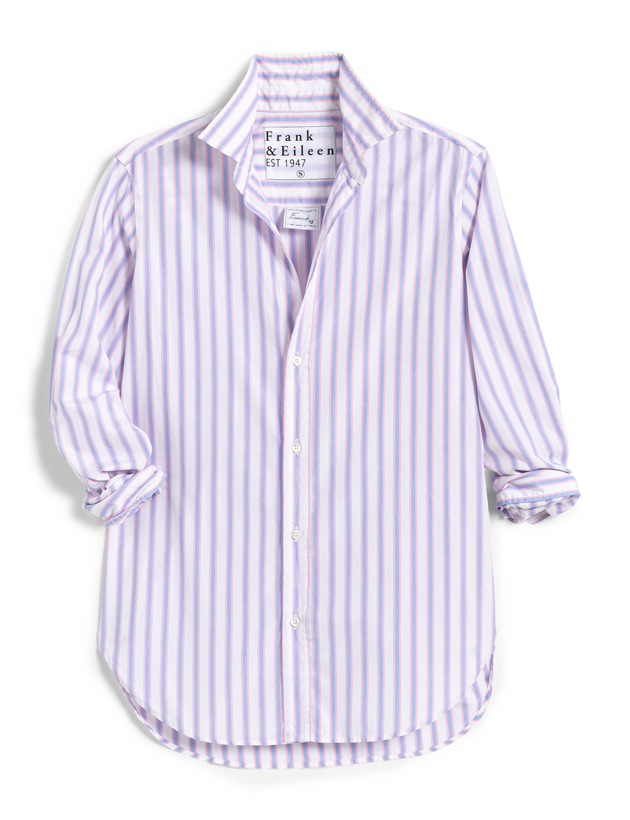 Flat front of Pink and Blue Stripe Frank & Eileen Frank Classic Button-Up Shirt in Classic Poplin