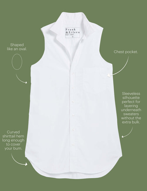 Lay flat image of the Finley button-up shirt. Arrows are pointing to different areas of the shirt and text highlights features including shaped like an oval, chest pocket, sleeveless silhouette perfect for layering underneath sweaters without the extra bulk, curved shirttail hem long enough to cover your bum., view 6
