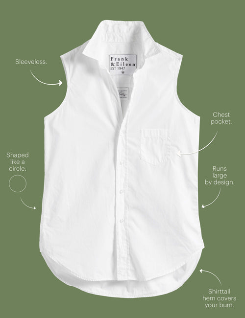 Lay flat image of the Fiona button-up shirt. Arrows are pointing to different areas of the shirt and text highlights features including sleeveless, chest pocket, shaped like a circle, runs large by design, shirttail hem covers your bum., view 4