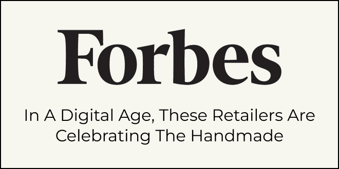 Forbes logo with text about retailers celebrating the handmade in a digital age on a white background