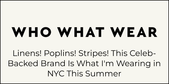 Promotional text for 'WHO WHAT WEAR' featuring fashion terms and a tagline about a celebrity-backed brand in New York City.