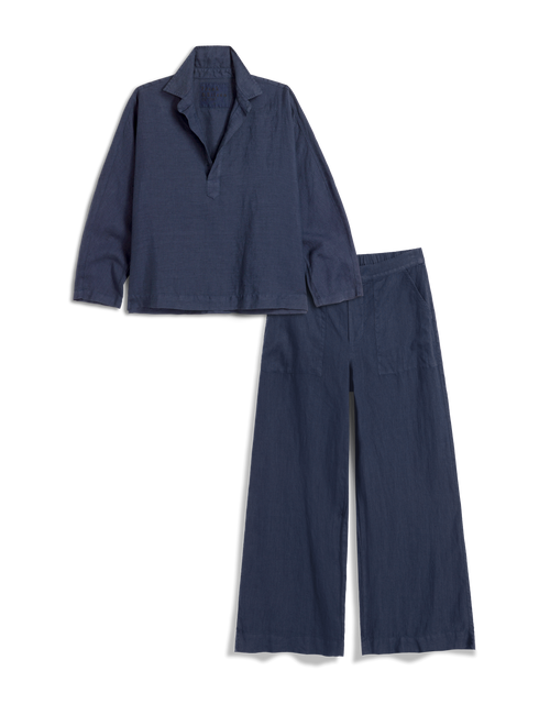 Navy blue shirt and pants set on a white background, view 4