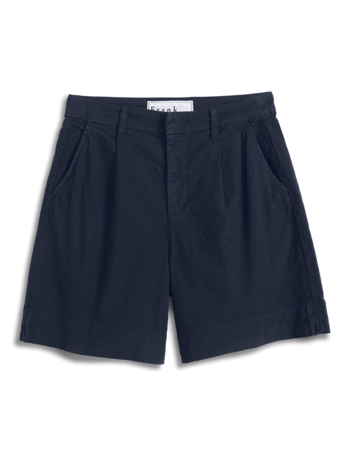 A pair of dark navy blue pleated shorts with side pockets, shown flat against a white background., front view