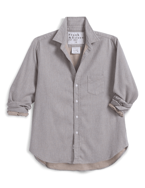 A light gray long-sleeve button-down shirt with a chest pocket, laid flat on a white background. The brand label 'Frank & Eileen' is visible inside the collar., view 5