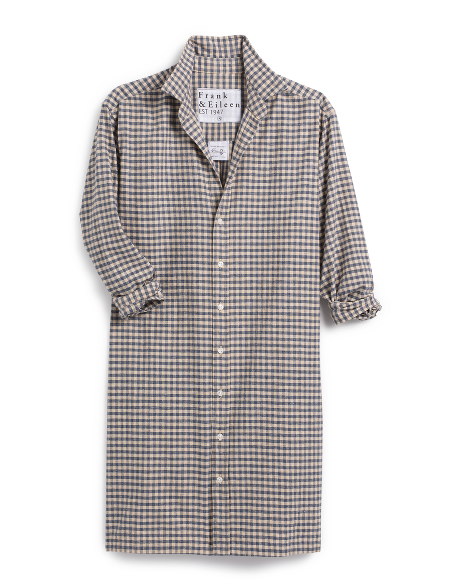 Flat front of Tan Check Frank & Eileen Hunter Step-Hem Shirtdress in Italian Vintage Cotton