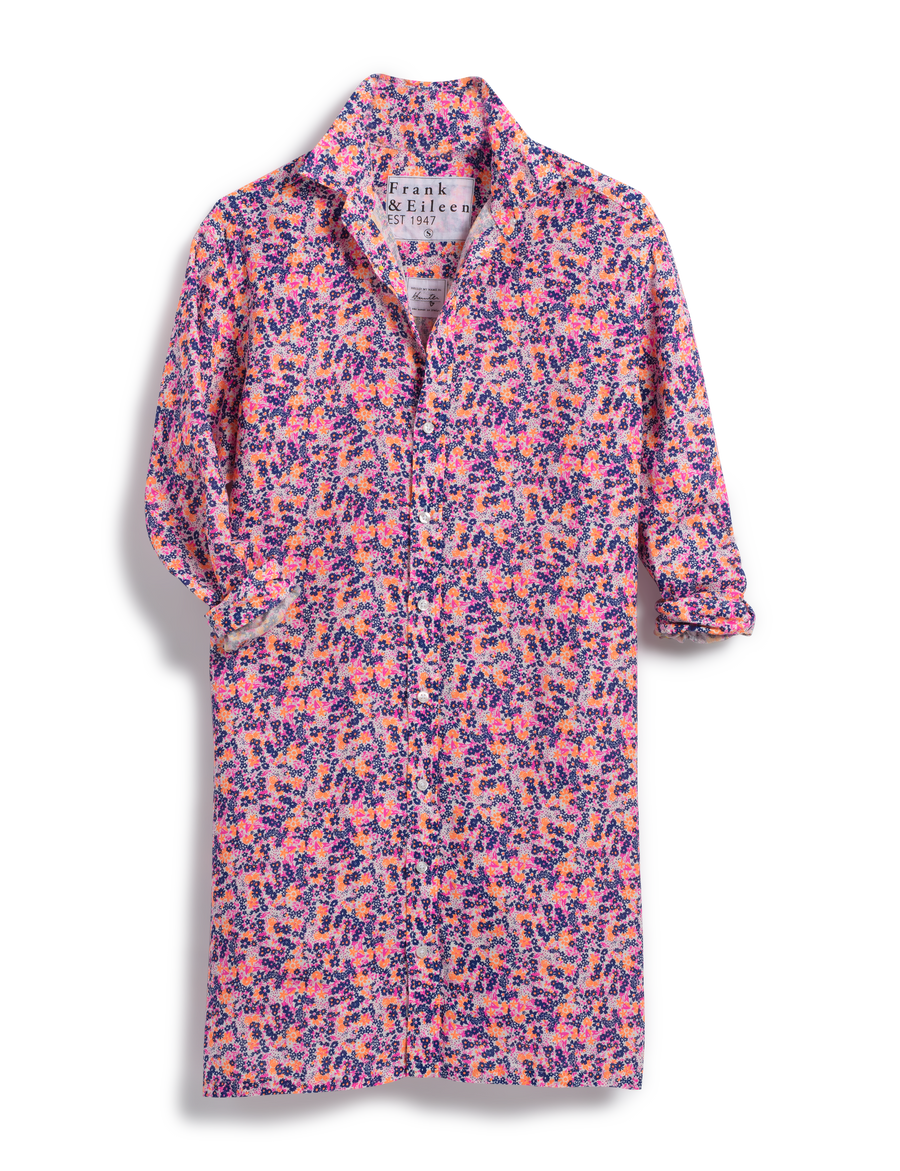 Flat front of Neon Floral Frank & Eileen Hunter Step-Hem Shirtdress in Classic Linen