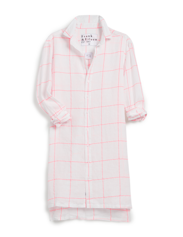 Flat front of Neon Pink Windowpane Frank & Eileen Hunter Classic Shirtdress in Classic Linen
